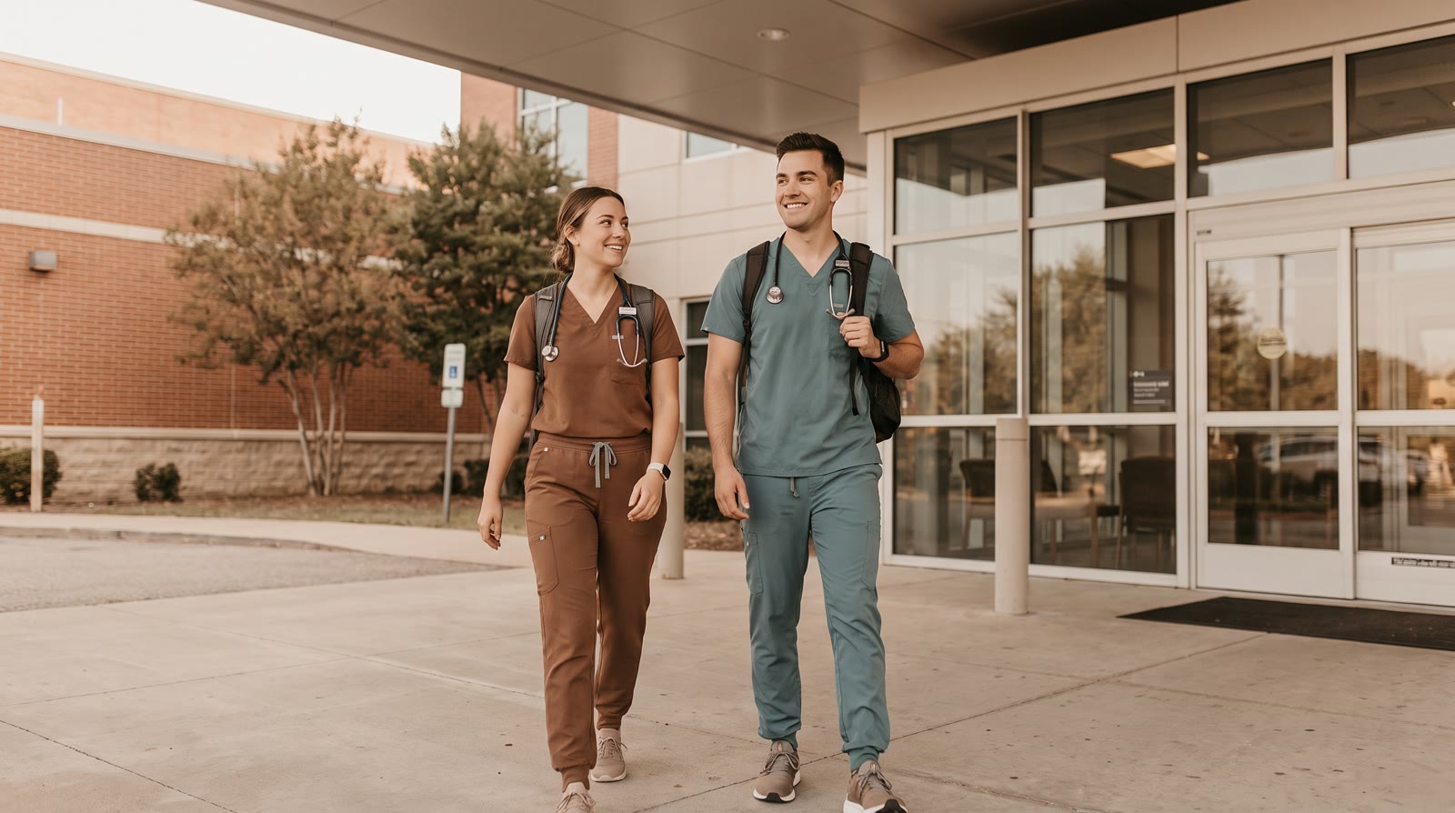 Two students walking together outside a hospital entrance in scrubs, calm and confident, warm neutra