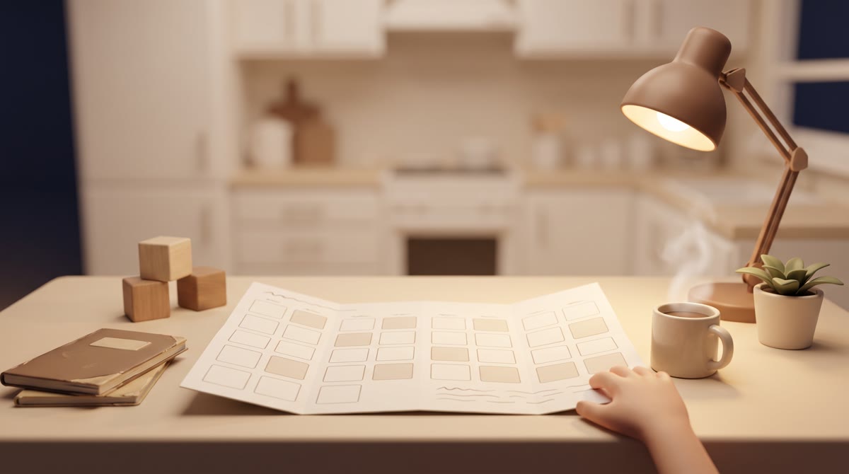 A kitchen table at night with a paper wall planner showing abstract blank grid squares, a coffee mug