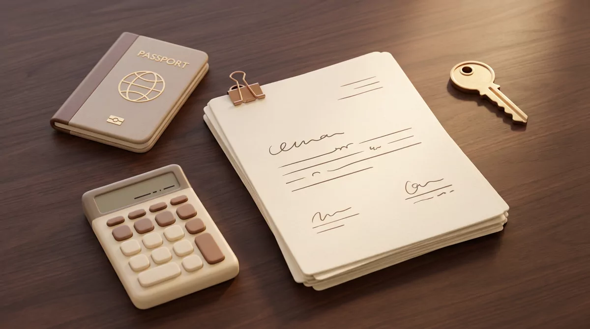 Overhead still life on a dark walnut surface: a passport, a calculator, a paper-clipped stack of doc