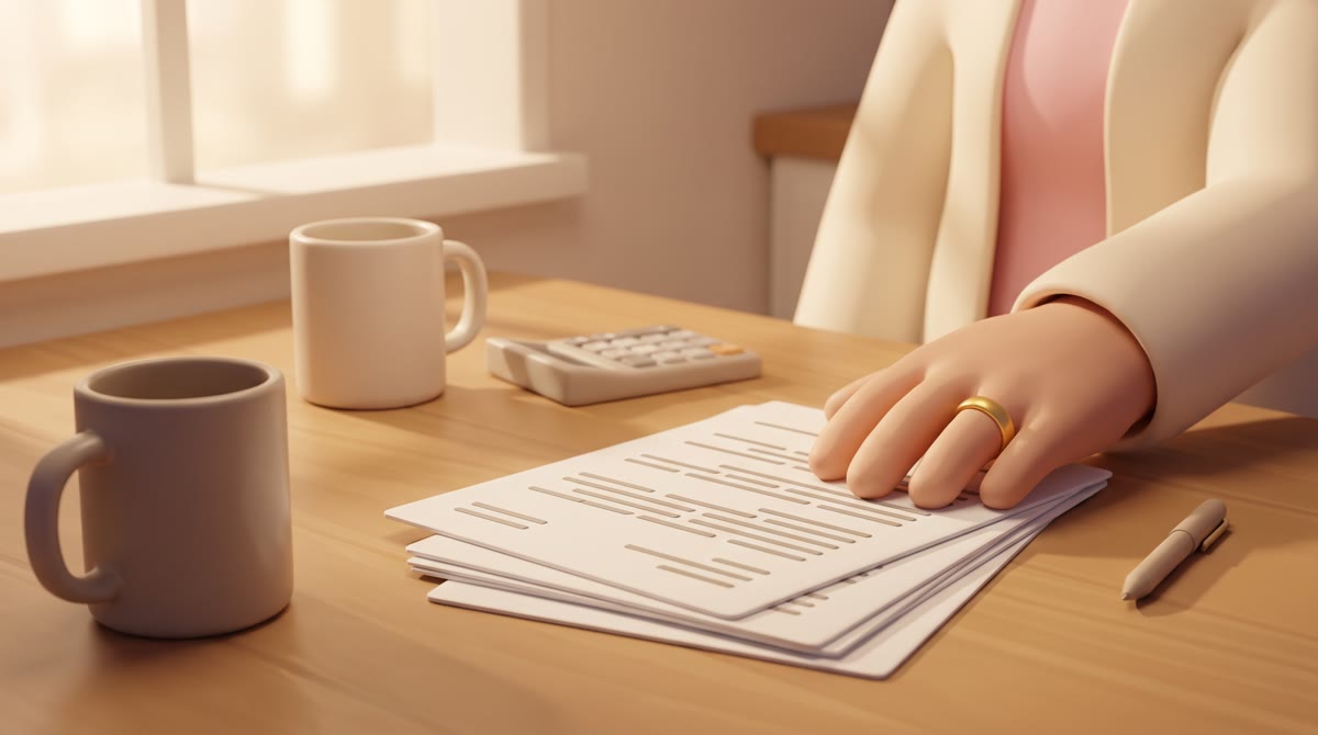 A kitchen table at night with two mugs, a calculator, a pen and a stack of papers showing abstract p