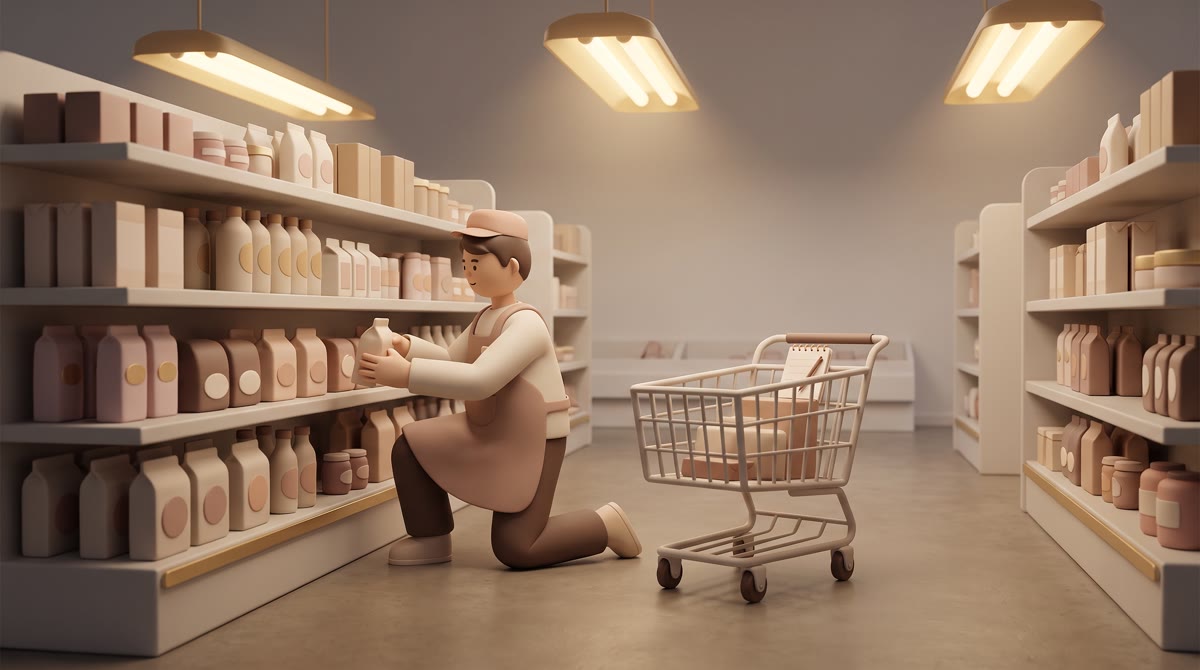 A young employee in an apron restocking a grocery shelf late at night, overhead fluorescent light, a