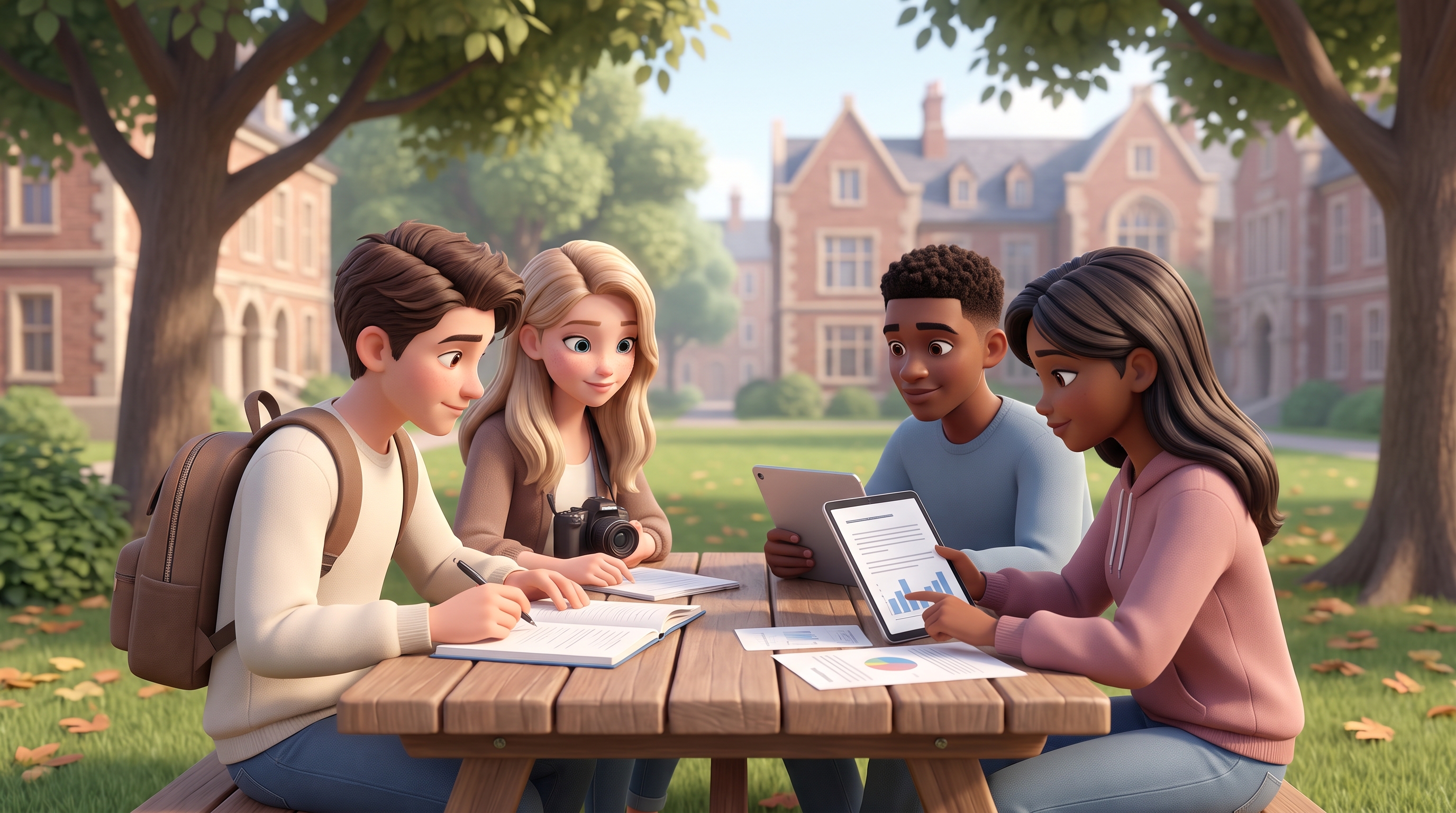 A diverse group of teenagers studying together at an outdoor table on a leafy campus, natural light,