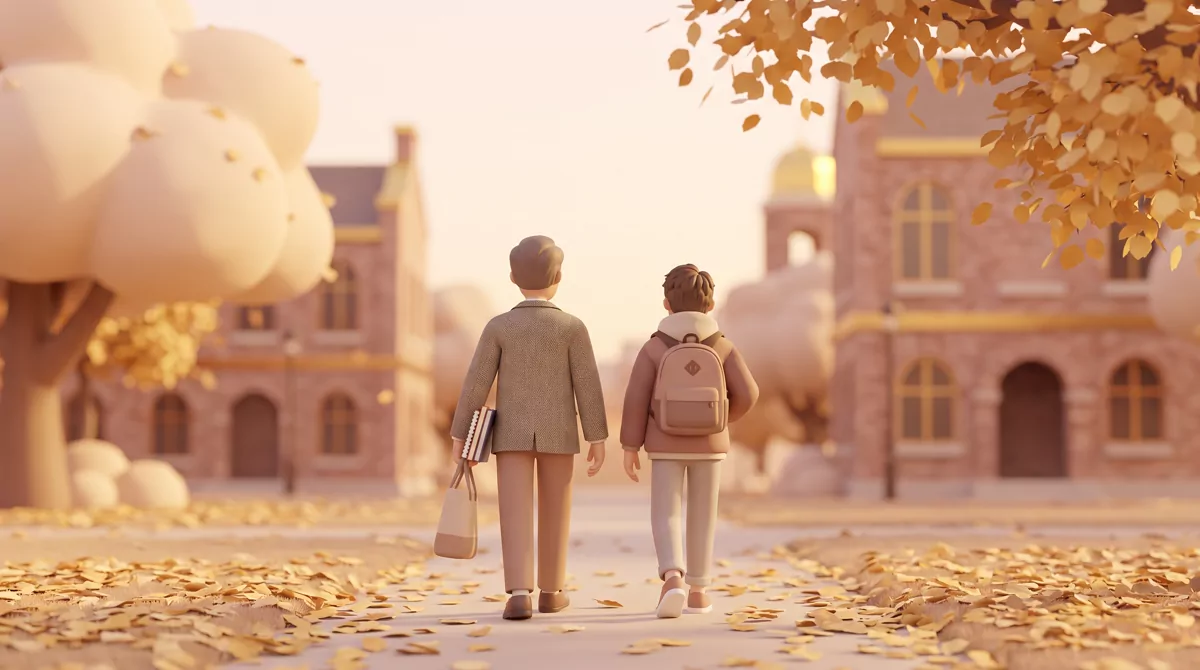 A parent and teenager walking away from camera across an autumn campus quad, fallen leaves, brick bu