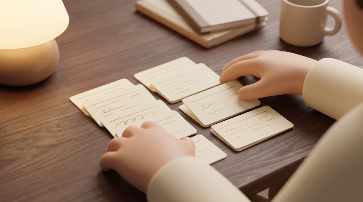 Close-up of a student's hands arranging blank cream-colored index cards into two columns on a dark w