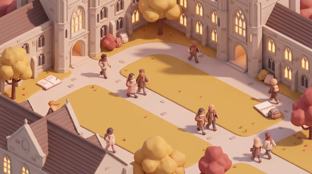 Aerial autumn view of a collegiate quad, gothic stone buildings framing a lawn, students crossing th