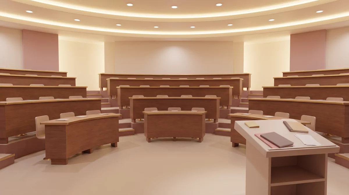 Empty tiered case-method classroom with curved wooden desks and warm overhead lighting, viewed from 