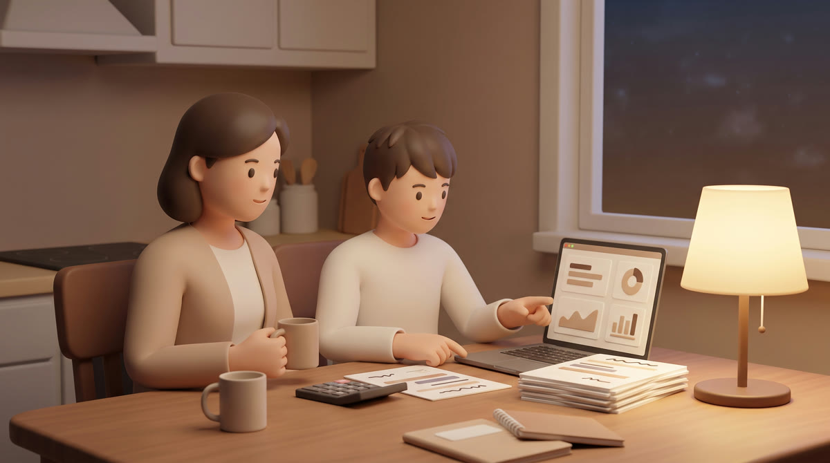 A parent and teenager at a kitchen table at night, laptop open beside stacked papers showing abstrac