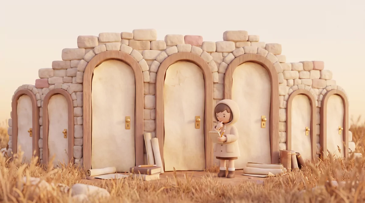 Seven paper doors of different widths standing in a row in an empty field at golden hour, three of t