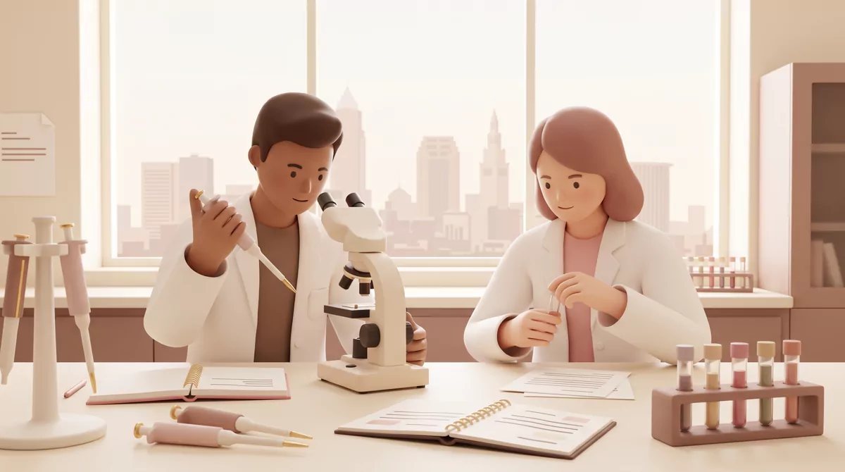 Two students in white lab coats working at a bench in a university biomedical research lab, pipettes