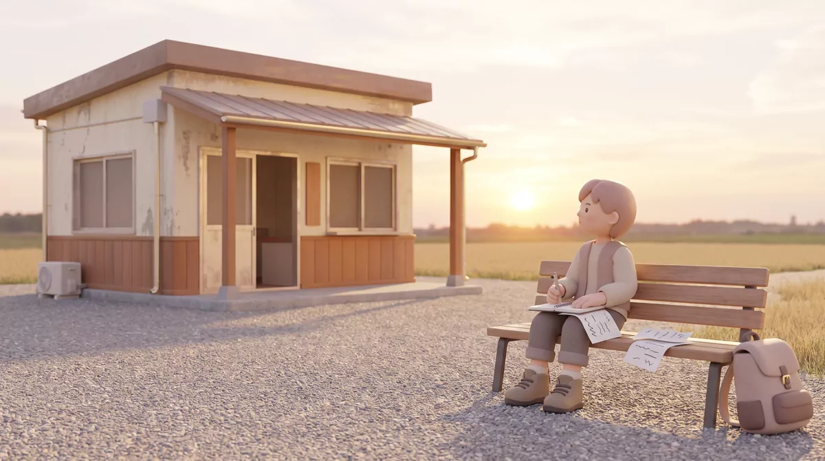 A small rural clinic building at golden hour with a gravel lot and open fields behind it, wide shot,