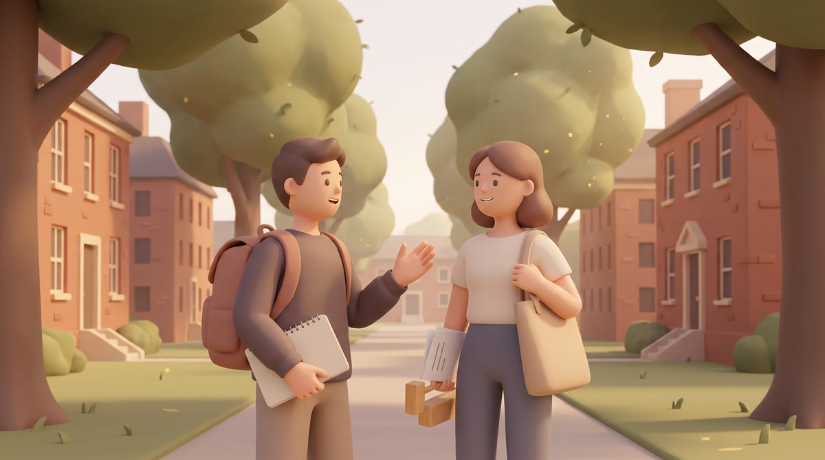 Two students walking a quiet tree-lined path between academic buildings in a small town, backpacks o