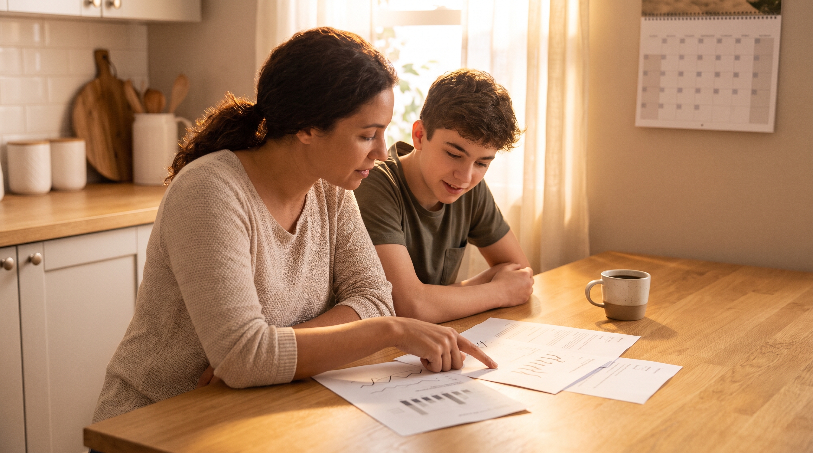 A parent and teenager reviewing papers together at a kitchen table, warm morning light, a mug of cof