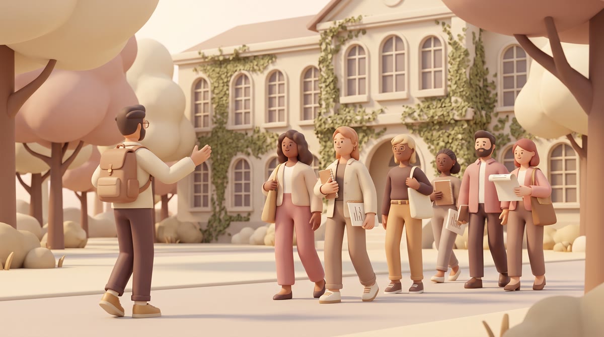 A campus tour group of six prospective students and parents following a guide who walks backward ges