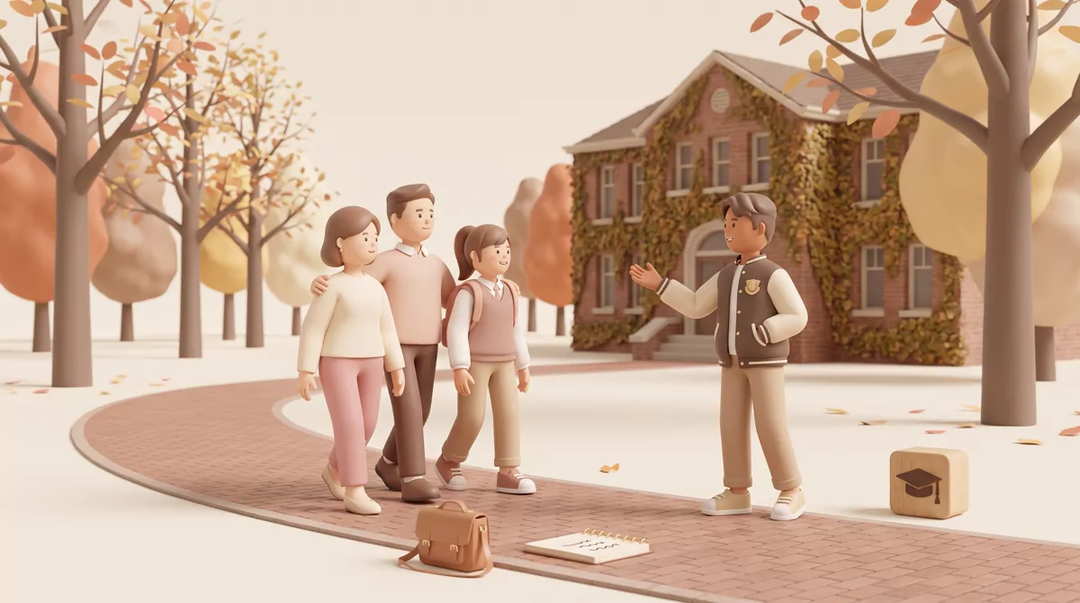 A family of three walking a brick campus pathway with a student guide gesturing toward an ivy-covere