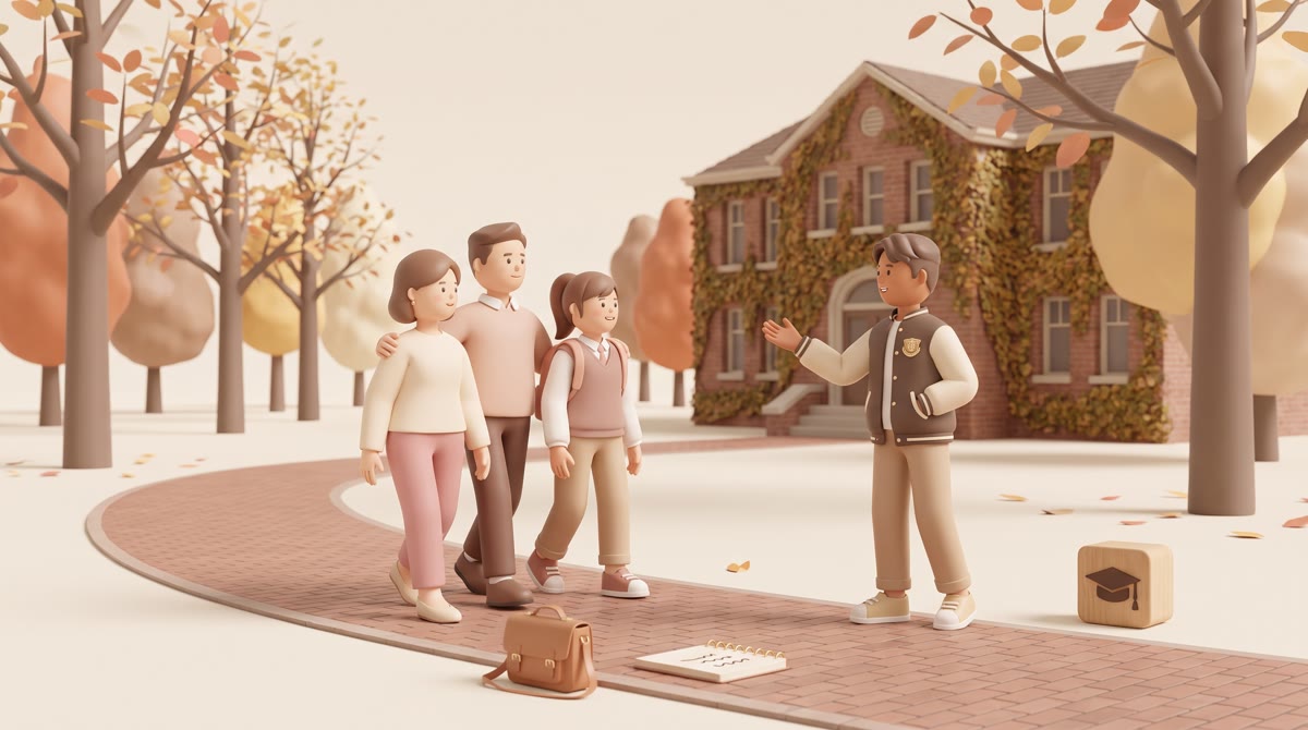 A family of three walking a brick campus pathway with a student guide gesturing toward an ivy-covere