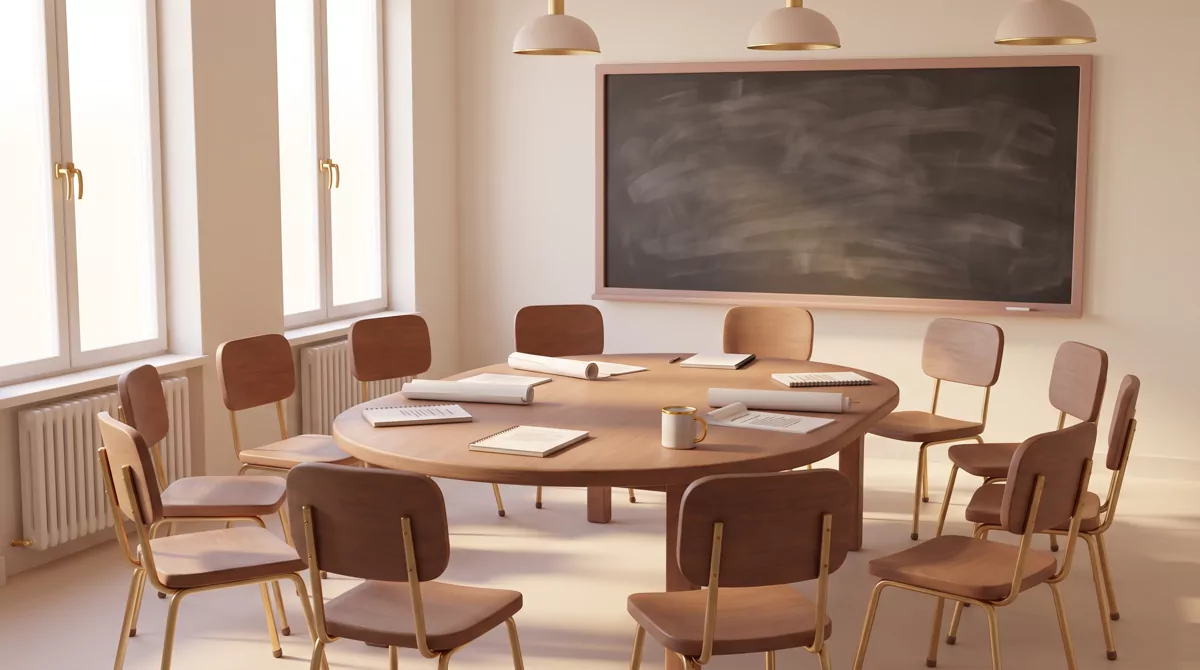 Empty seminar room with a dozen wooden chairs pulled into a loose circle around a single table, late