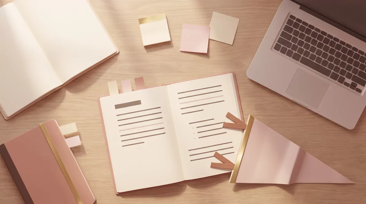 An overhead shot of a study table covered with open notebooks, sticky notes, a laptop closed to one 