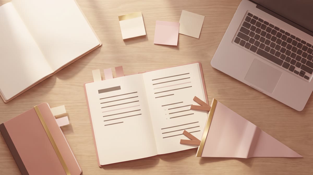 An overhead shot of a study table covered with open notebooks, sticky notes, a laptop closed to one 