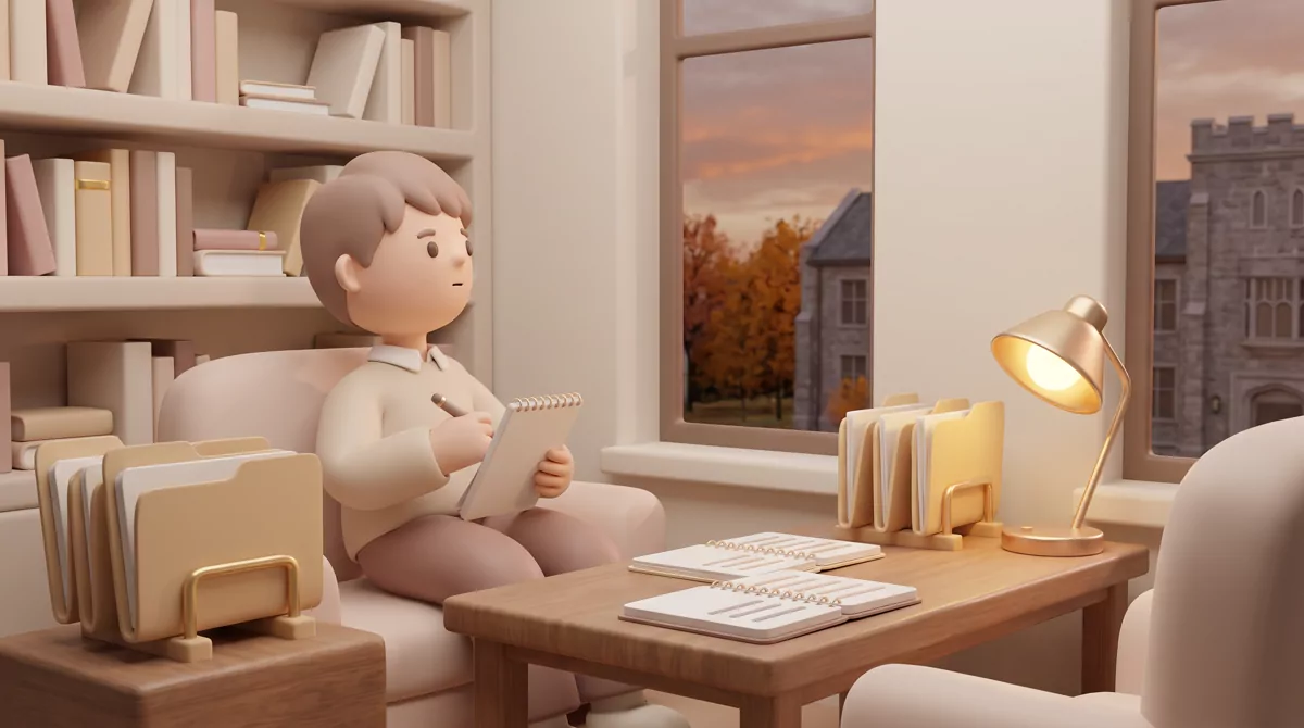 An admissions office interior at dusk, stacks of manila folders on a wooden table beside a reading l
