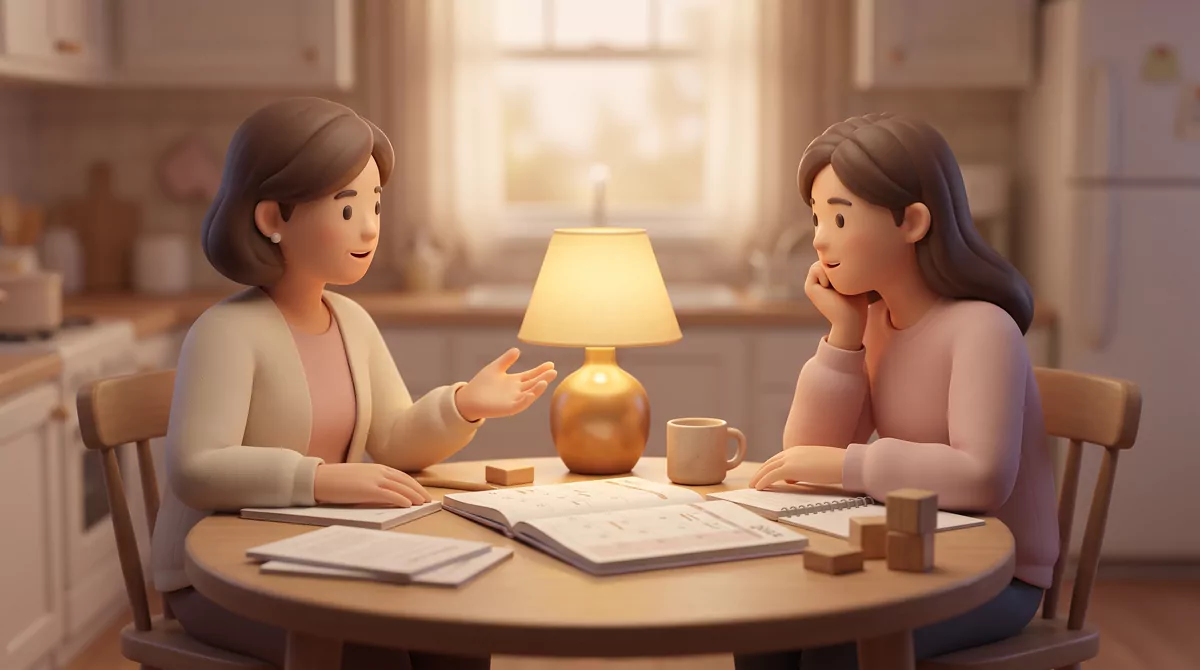 A high school senior and a parent sitting at a kitchen table under warm lamplight in the evening, a 