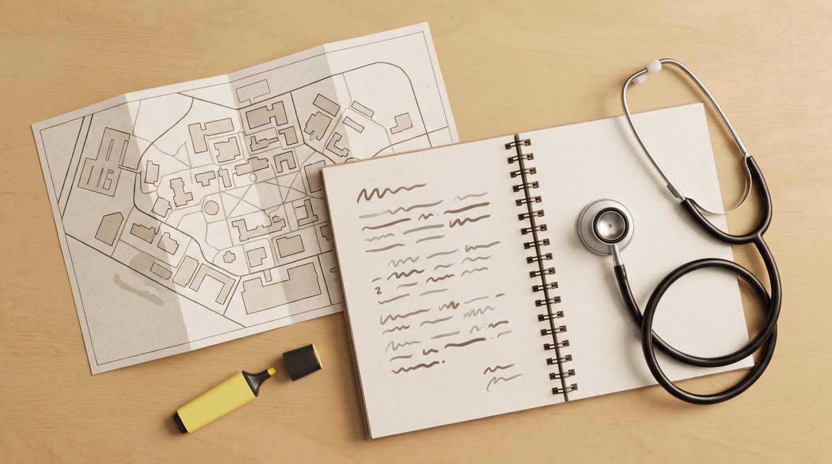 Overhead flat lay of a campus map, a notebook with abstract placeholder lines, a stethoscope and a h