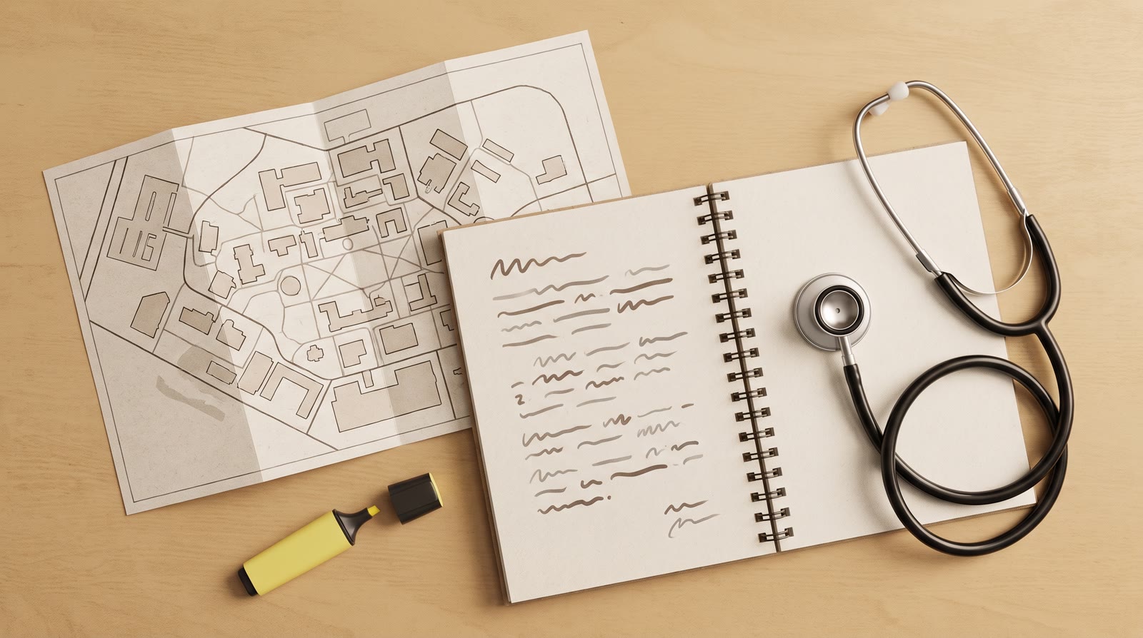 Overhead flat lay of a campus map, a notebook with abstract placeholder lines, a stethoscope and a h