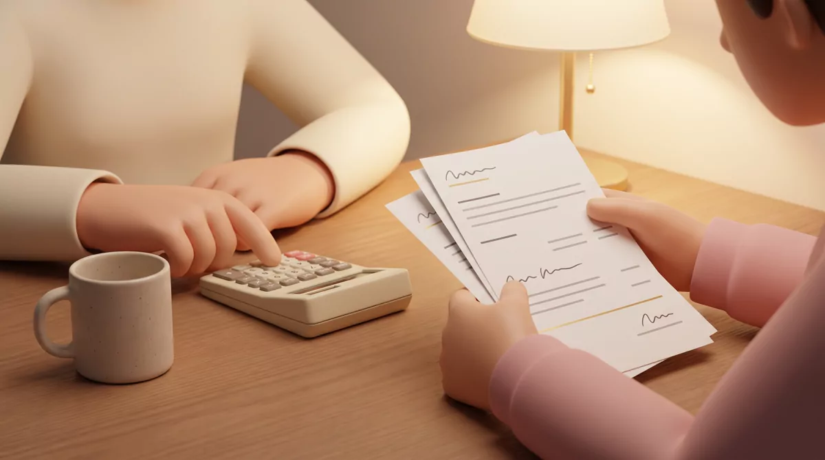 Close-up of a parent's and teenager's hands at a kitchen table with a calculator, a mug, and printed