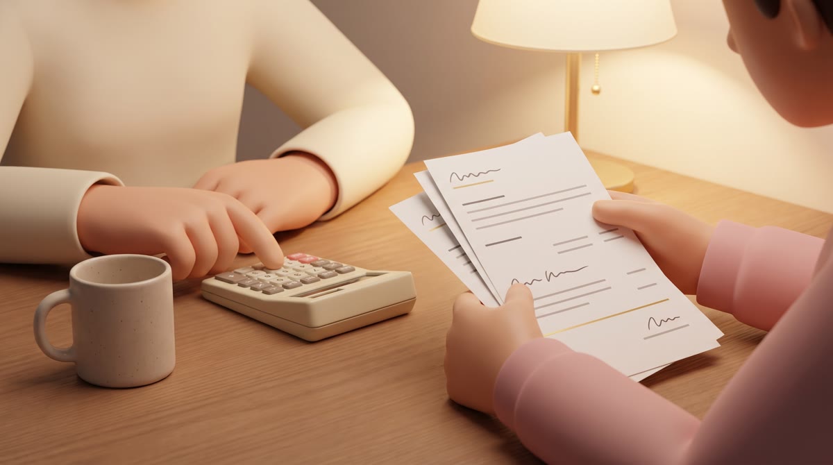 Close-up of a parent's and teenager's hands at a kitchen table with a calculator, a mug, and printed