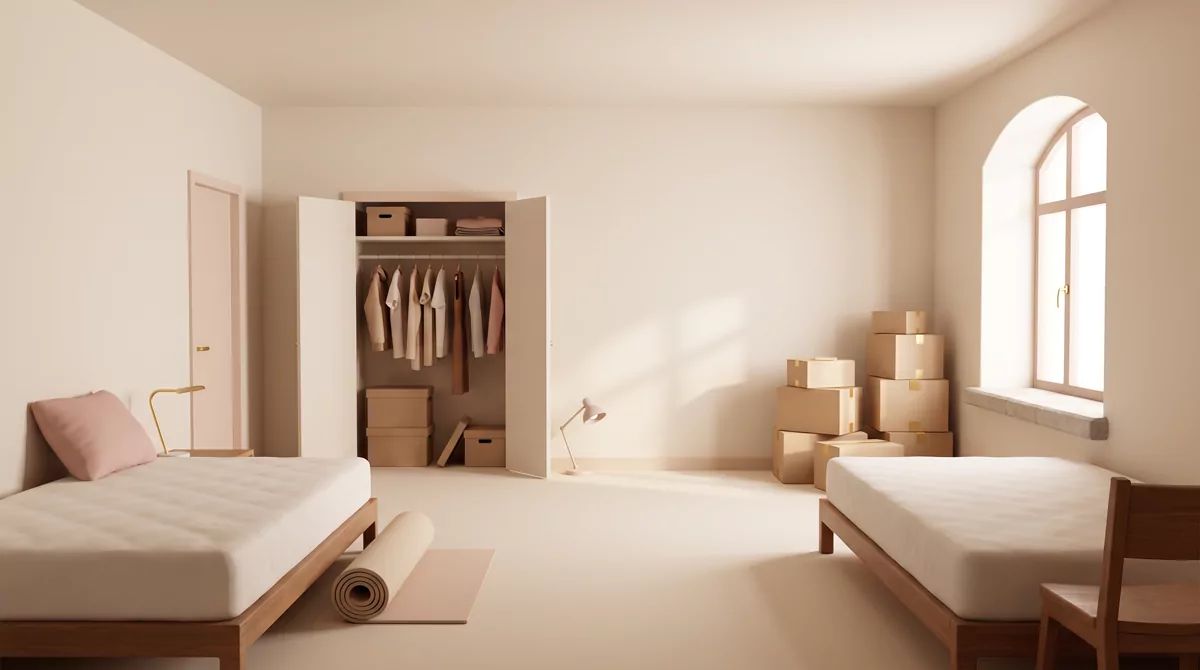 An empty collegiate residence hall double room in late afternoon light, two bare mattresses, open cl
