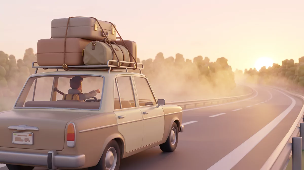 An overloaded sedan on an interstate at sunrise, suitcases and a duffel strapped to the roof rack, m