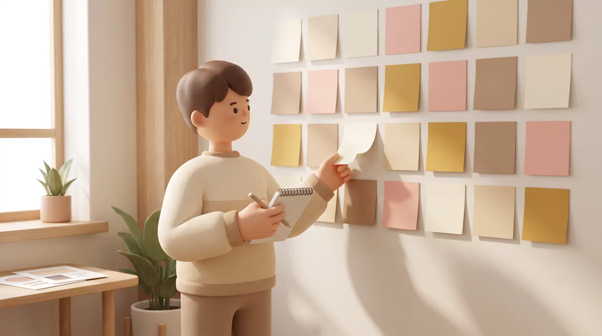 A wall grid of blank colored sticky notes in warm gold and cream tones, soft daylight from a window,