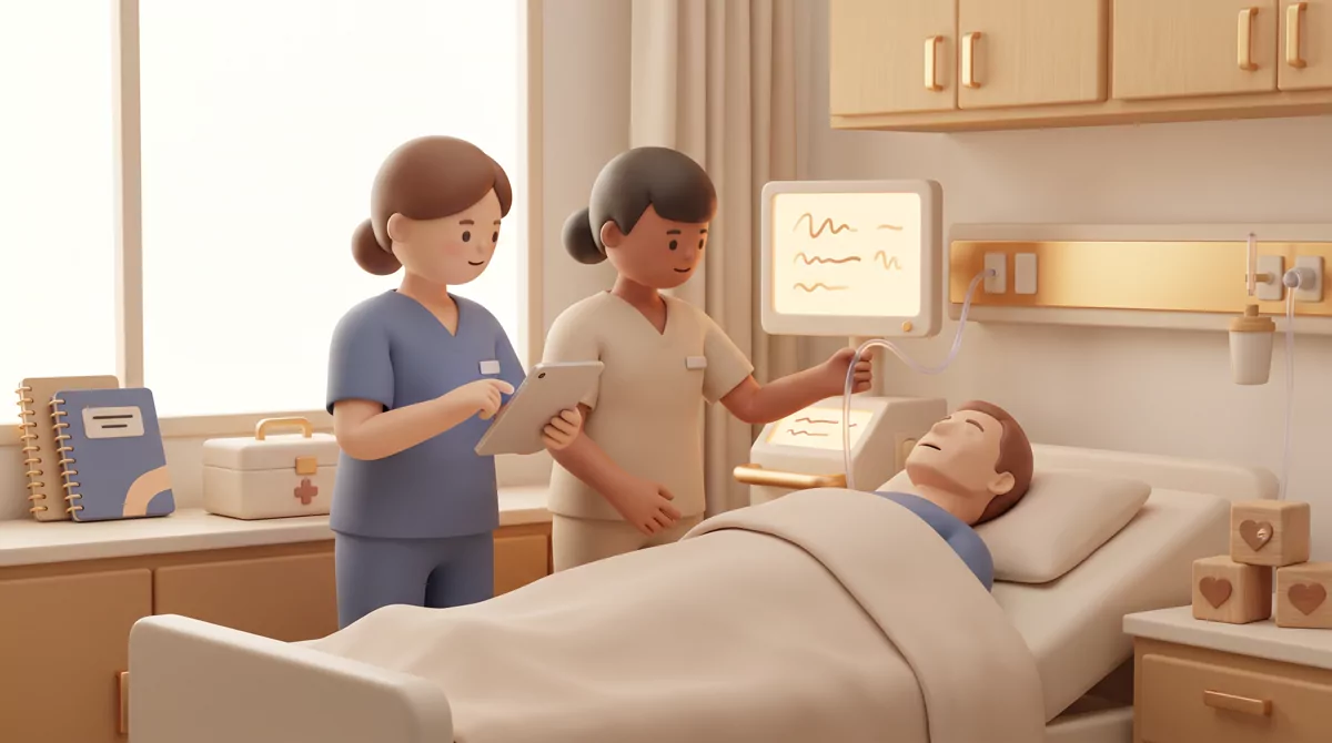 Two nursing students in scrubs working with a patient simulation manikin in a clinical skills lab, m