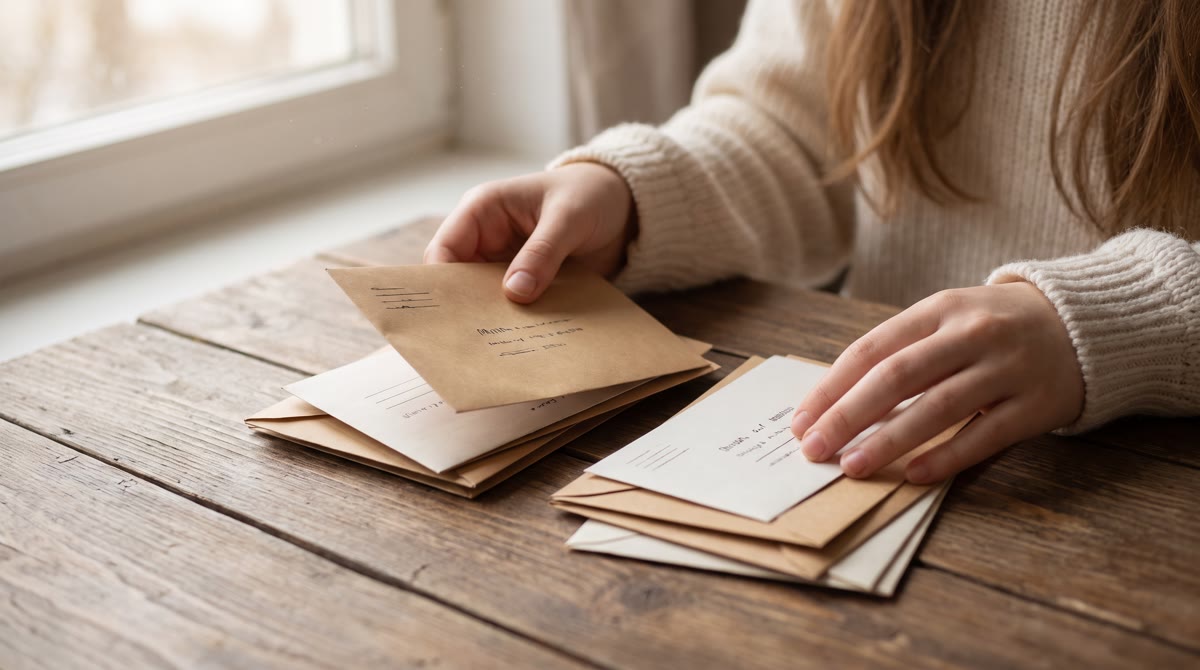 Close-up of a young person's hands sorting a small stack of envelopes on a table, soft natural windo