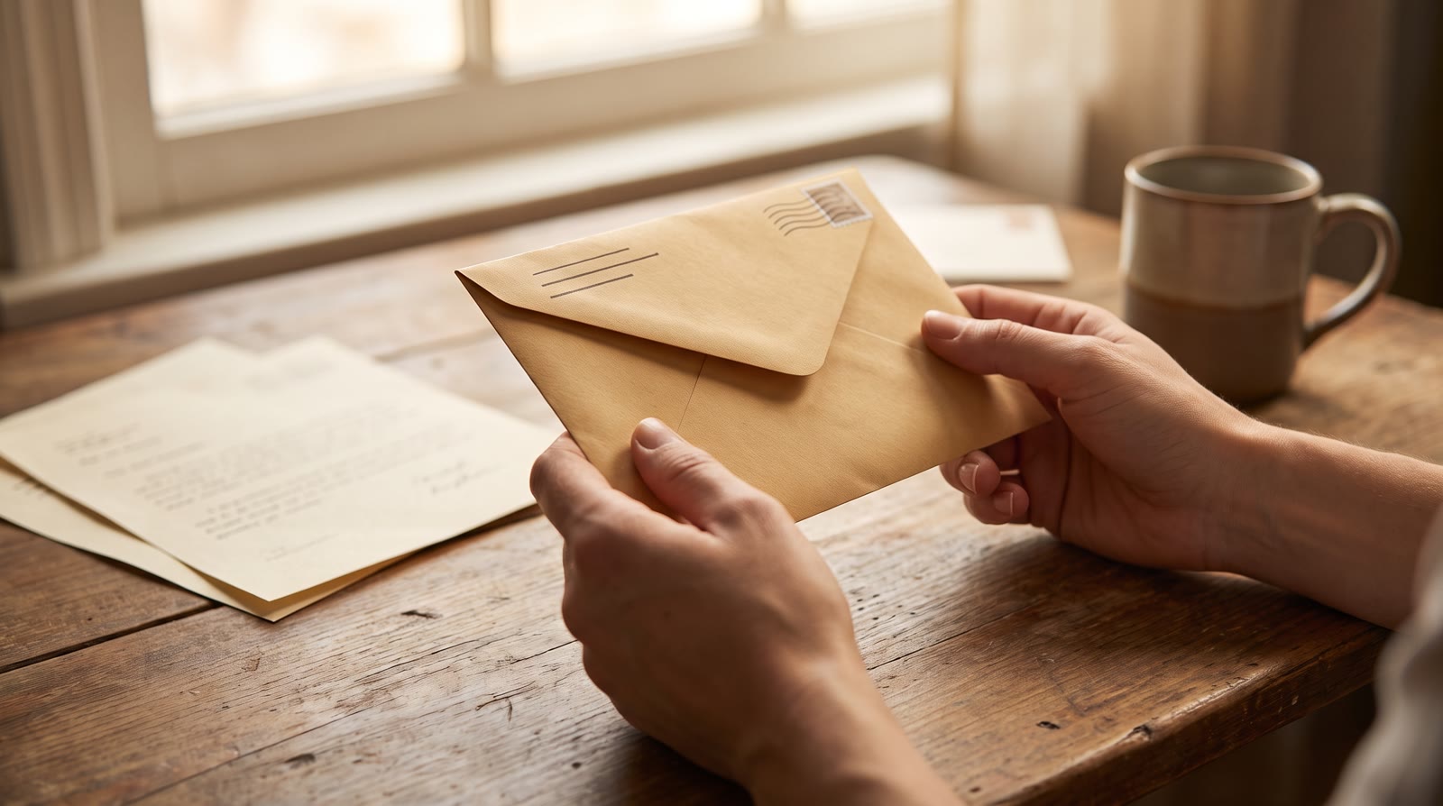 A close-up of hands holding a sealed envelope over a wooden table, soft window light, hopeful and un