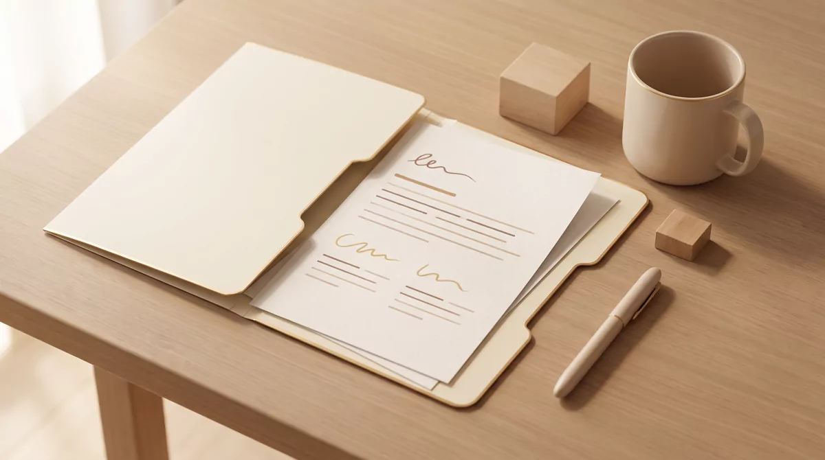 Overhead view of a kitchen table with a manila folder, loose printed pages showing abstract placehol