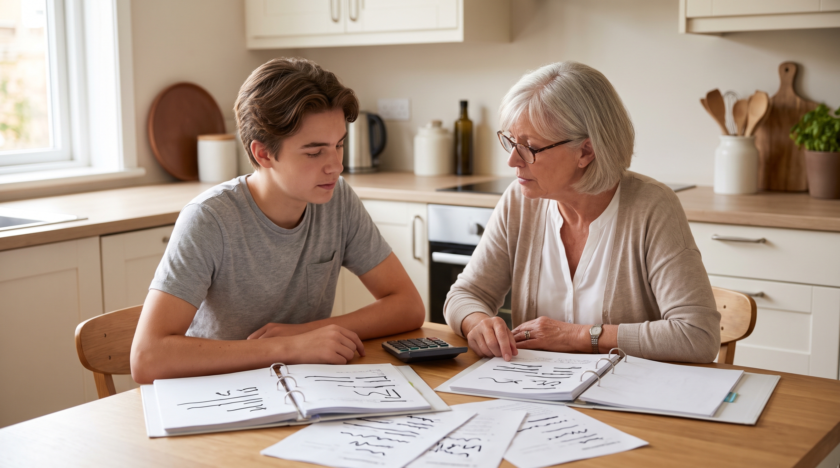 Two people at a kitchen table with a calculator and printed pages showing abstract placeholder lines