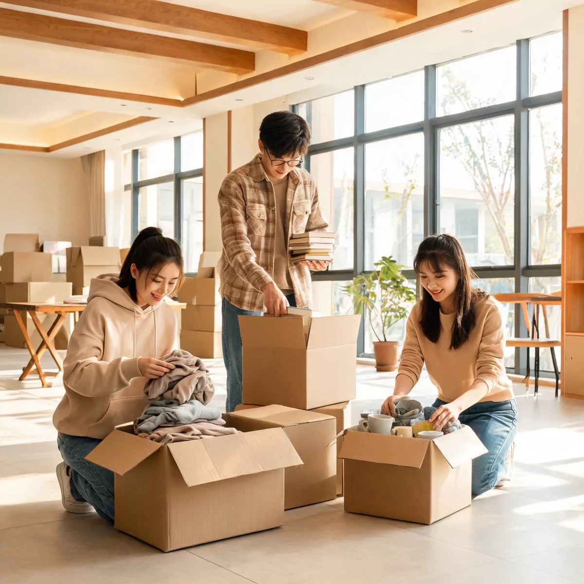 Three young adults in casual clothes sorting donation boxes in a bright community center hall, warm 