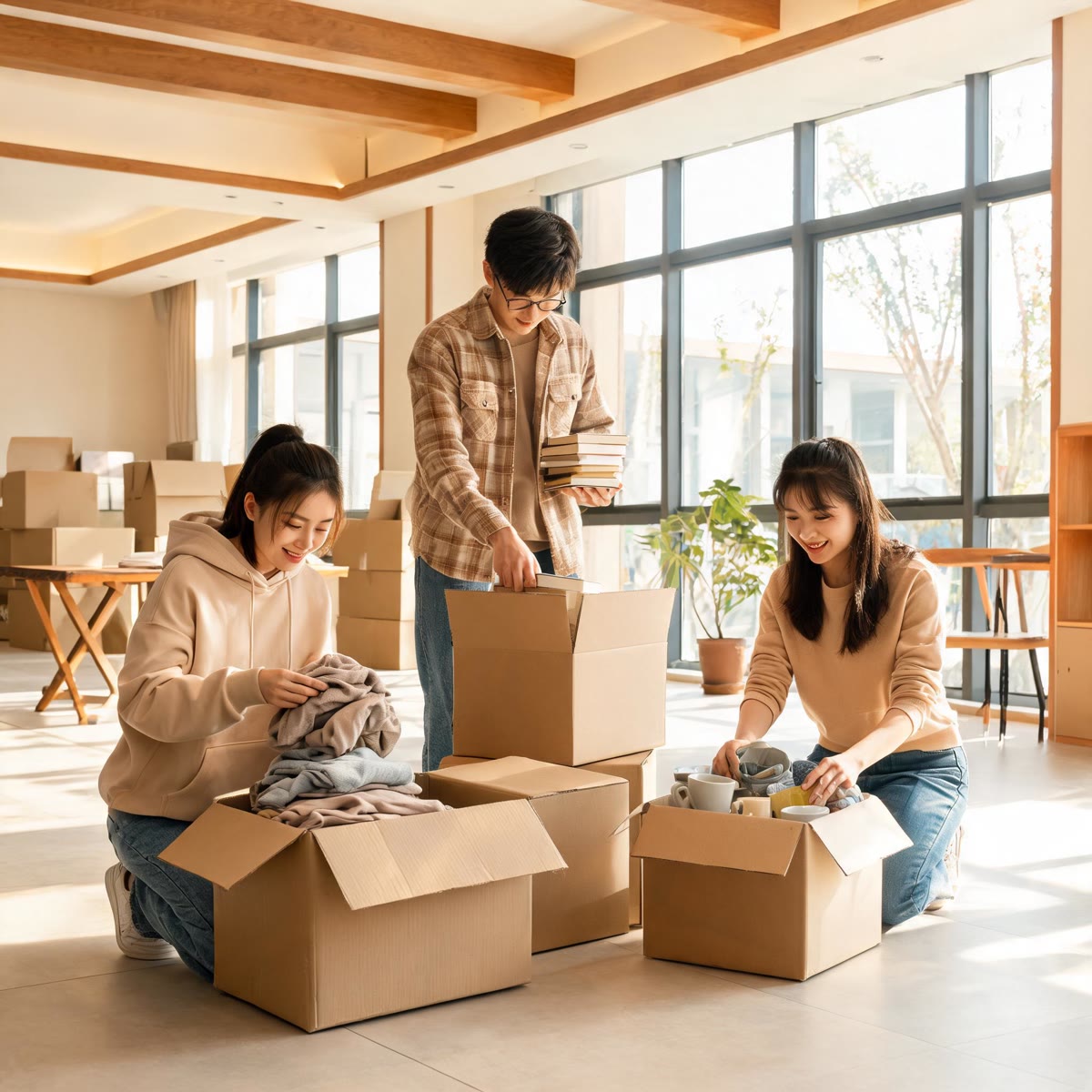 Three young adults in casual clothes sorting donation boxes in a bright community center hall, warm 