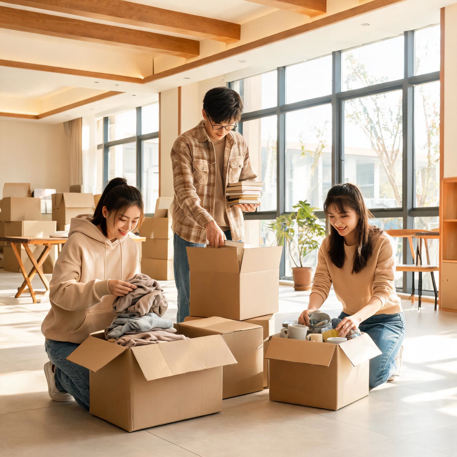 Three young adults in casual clothes sorting donation boxes in a bright community center hall, warm 