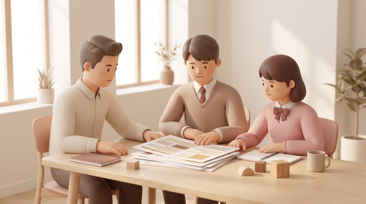 A teacher and two high school students seated around a light wood table reviewing printed pages cove