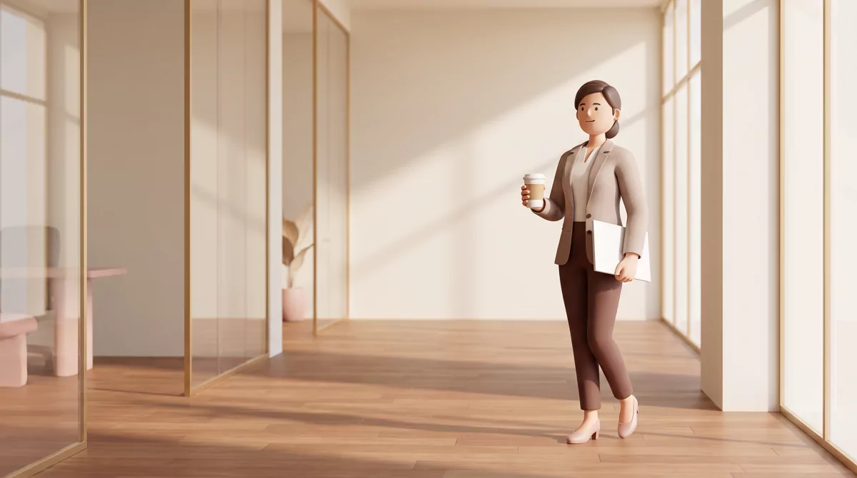 An alumni volunteer in a blazer walking through a sunlit office lobby holding a paper cup and a blan