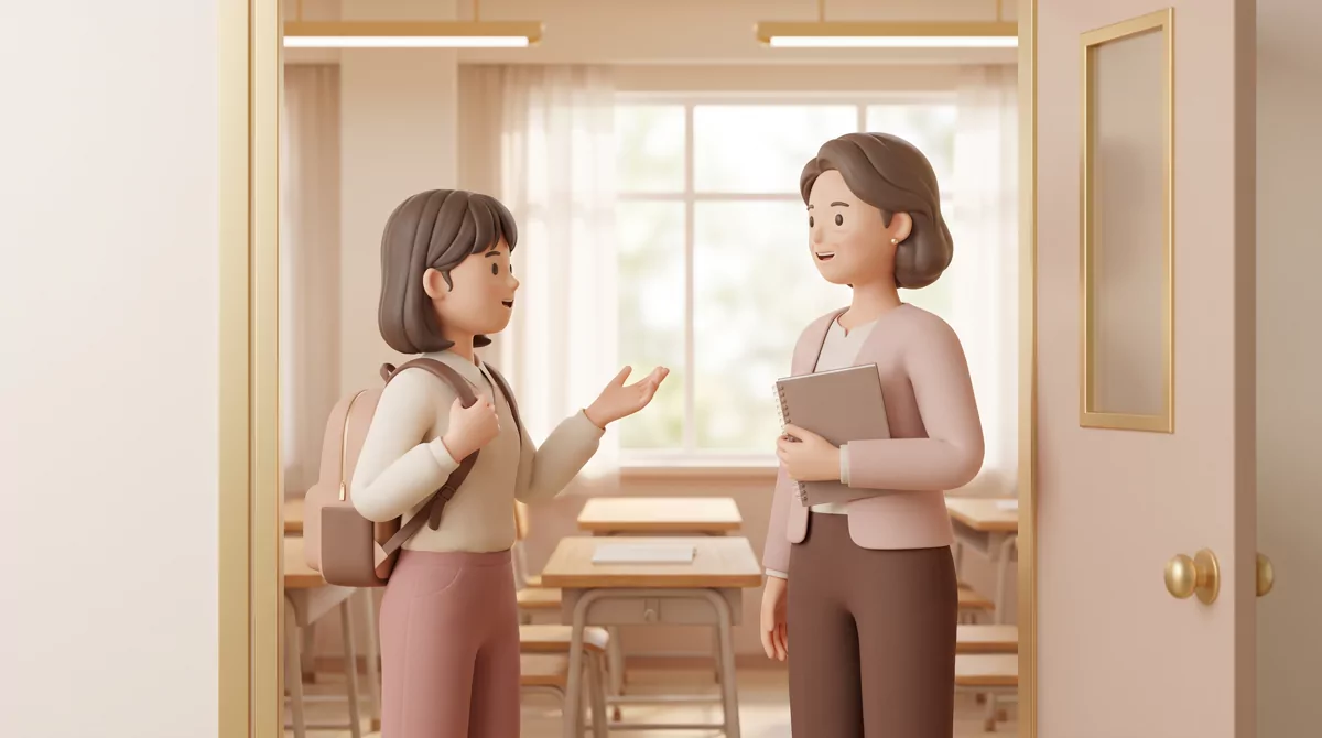 A high school teacher and a senior standing in a sunlit classroom doorway mid-conversation, backpack