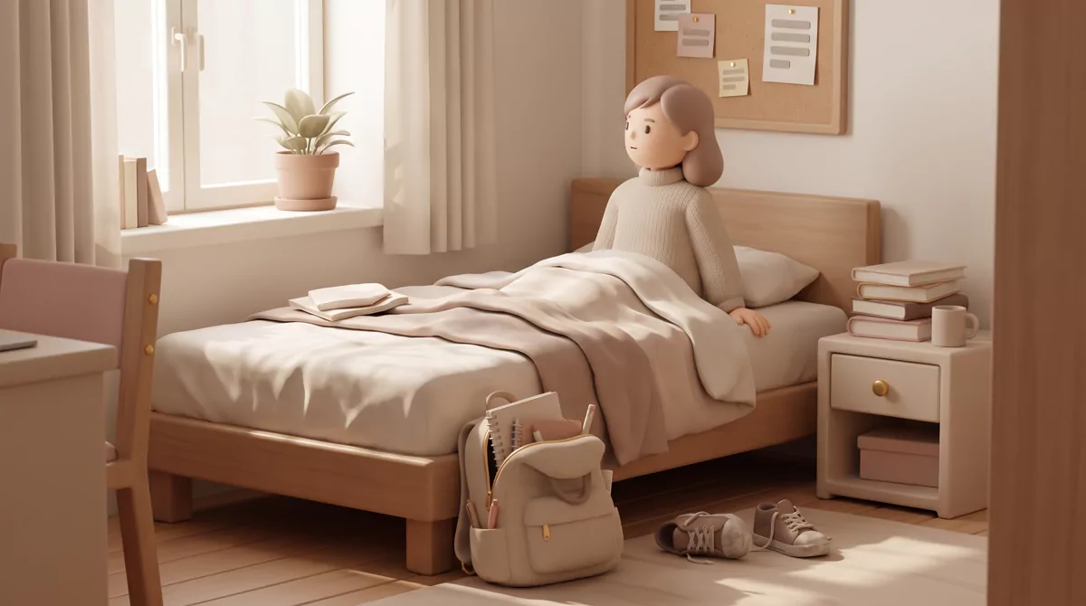A small student residence hall room with an unmade bed, backpack on the floor, and afternoon light t