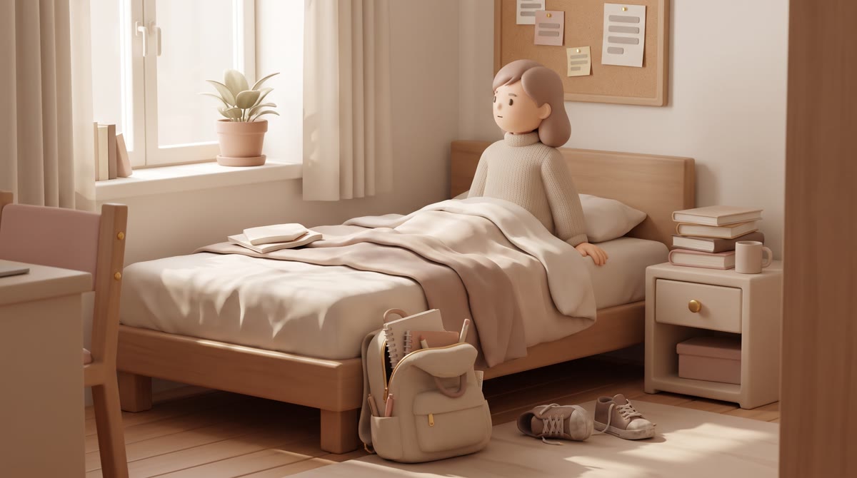 A small student residence hall room with an unmade bed, backpack on the floor, and afternoon light t