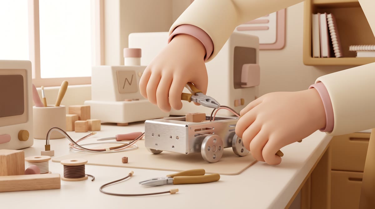 Close-up of hands in a university engineering lab assembling a small aluminum robot chassis, tools a