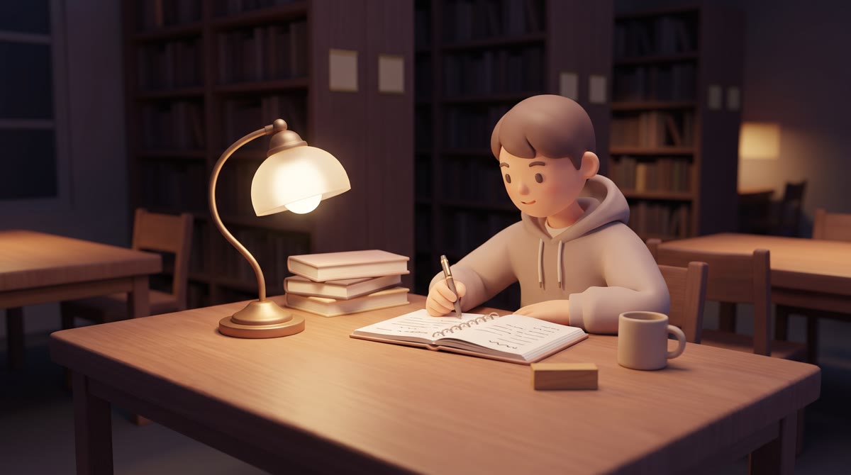 A single student studying at a wooden library table late at night under a warm lamp, open notebook s