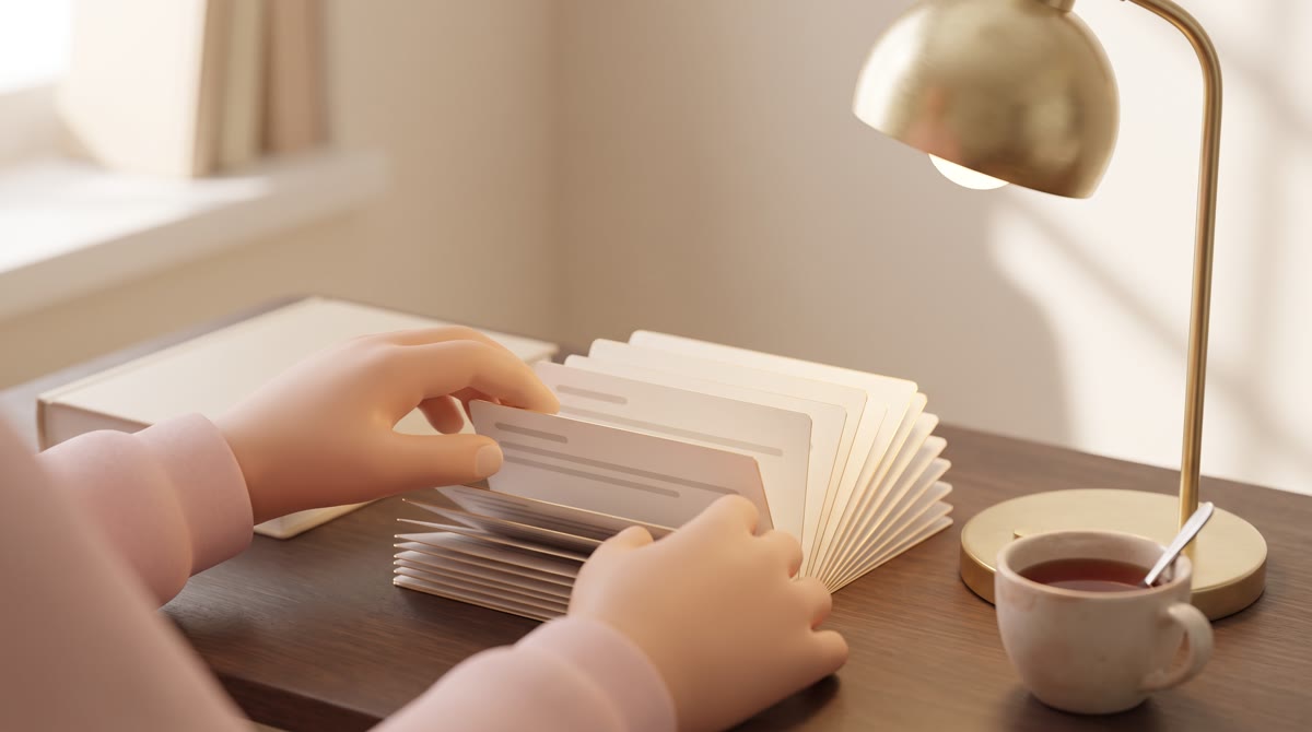 Close-up of a student's hands sorting a fanned stack of blank index cards on a dark wood desk beside