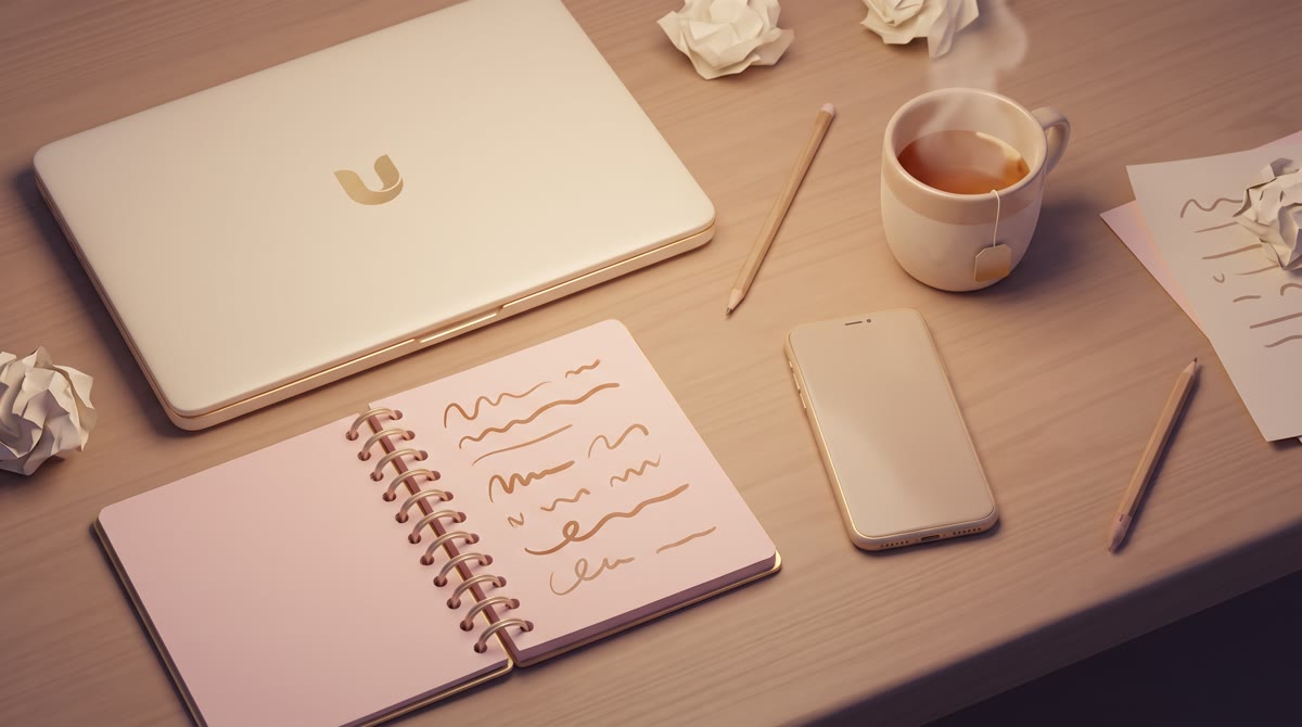 Overhead view of a kitchen table at night with a laptop closed, a spiral notebook open to handwritte