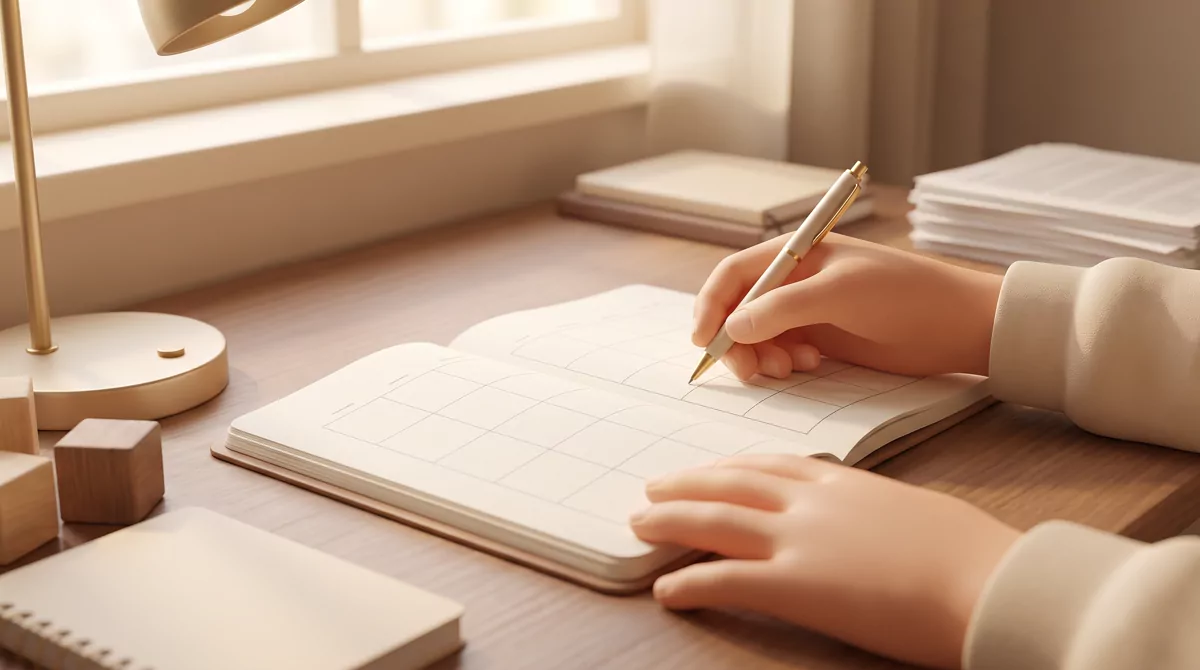 Close-up of two hands marking a blank unlabeled paper planner grid with a pen, warm desk lamp light,