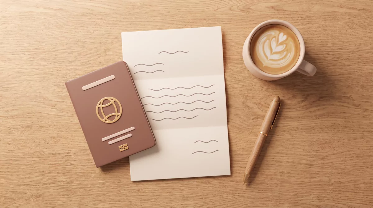 An overhead flat lay on a warm oak table of a passport, a folded paper document with abstract placeh